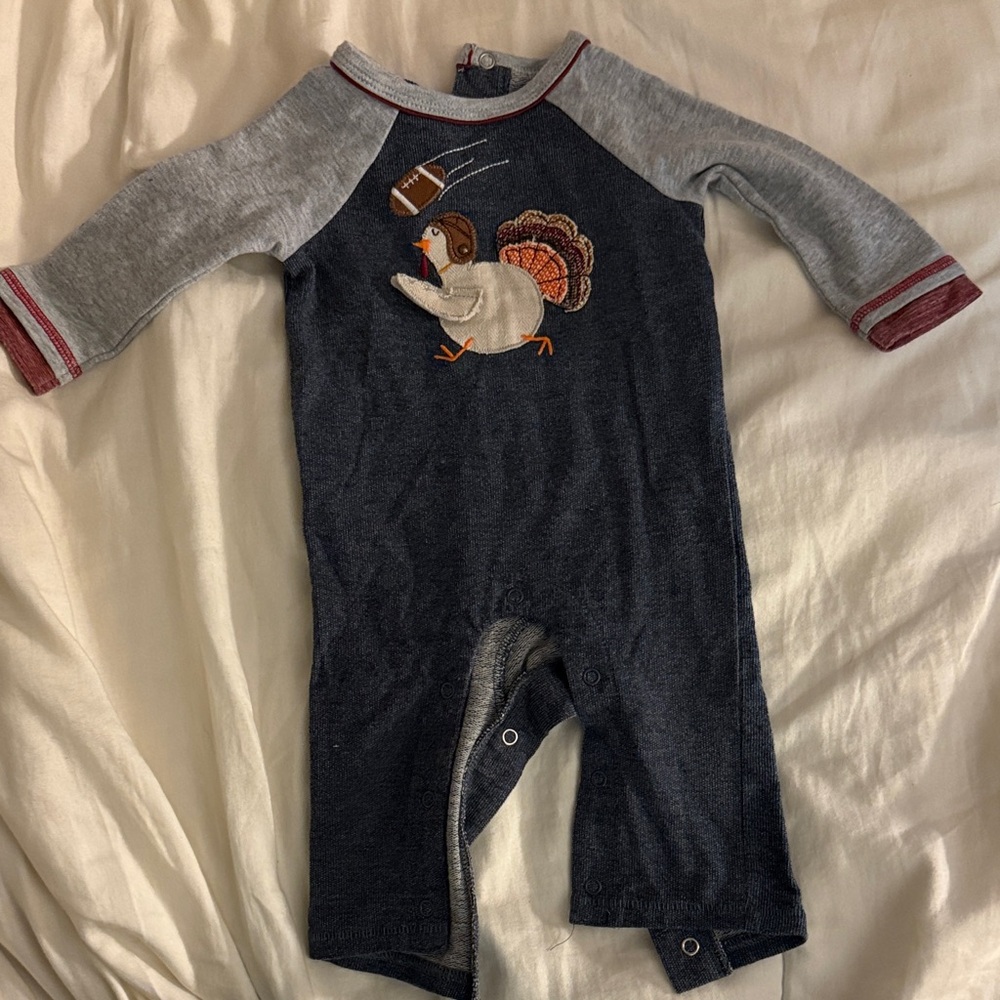 Mud Pie Thanksgiving turkey playing and football longsleeve and long pant onesie